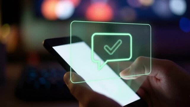 Digital Verification and Secure Messaging Concept: Floating Mint Green Holographic Dialogue Bubble with Abstract Checkmark Symbol above Blurred Smartphone