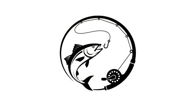Black and White Fishing Vector Illustration with Jumping Fish, Hook, and Reel in a Circular Badge