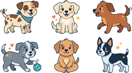 Obraz premium Cute dog cartoon vector illustration set with happy puppies and playful pups in various poses and colors for design