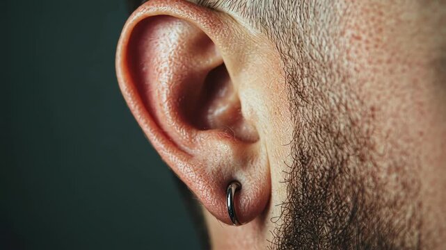 Silver ring piercing adorning male earlobe, repeating six times against dark minimalist background, highlighting contemporary personal style and body modification aesthetic