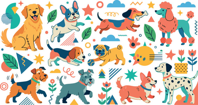 Colorful vector illustration of happy dogs and playful design elements for kids, featuring various breeds and decorative shapes in a lively, modern style.