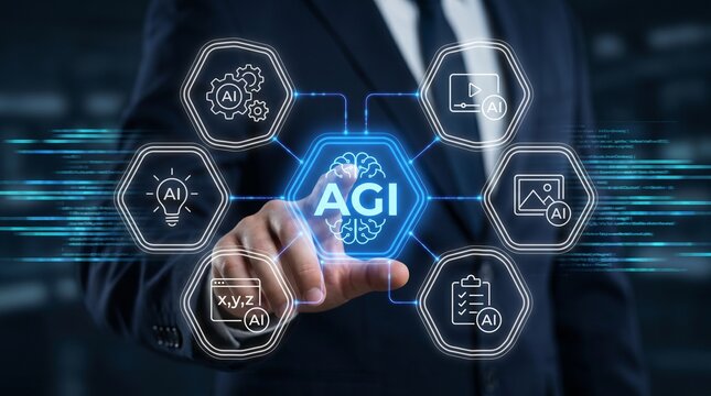 Artificial general intelligence agi concept business person touching digital interface with ai icons on dark background