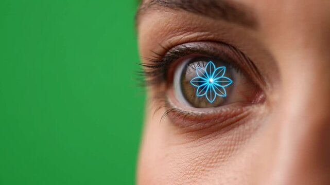 Close up of human eye with glowing blue digital graphic on green screen background.