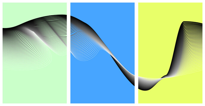 Abstract three panel triptych graphic featuring flowing black line waves on colored background