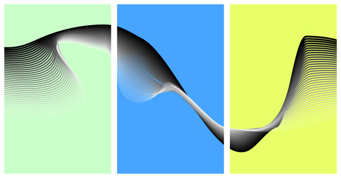 Abstract three panel triptych graphic featuring flowing black line waves on colored background