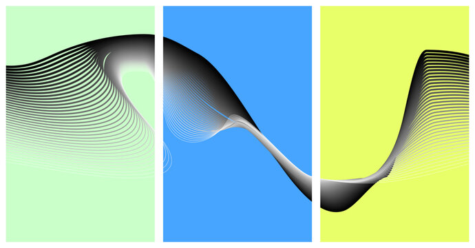 Abstract three panel triptych graphic featuring flowing black line waves on colored background