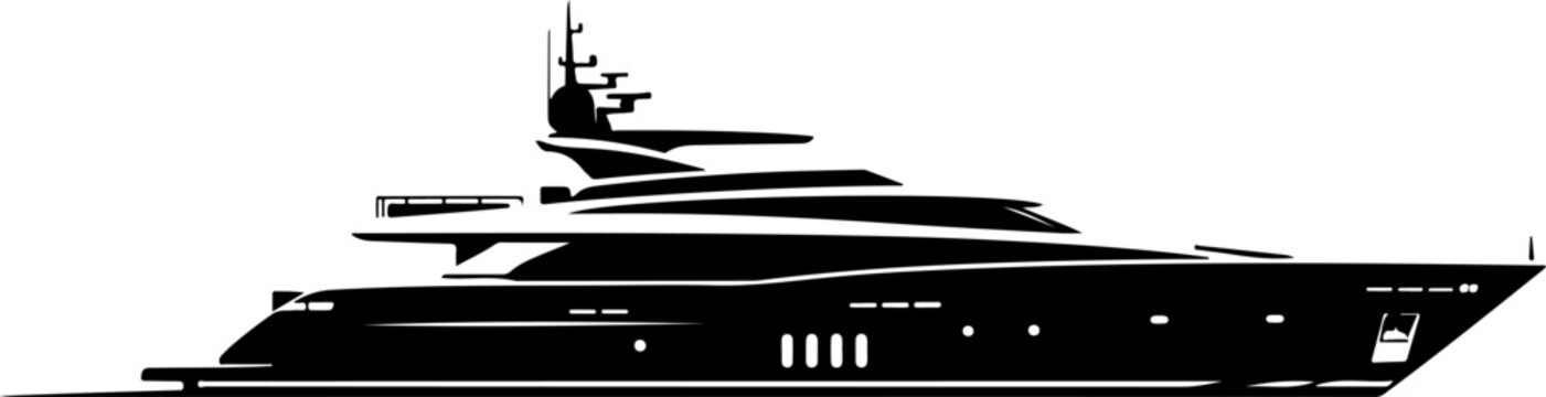Luxury yacht, black boat, vector ship, nautical icon, sailing vessel