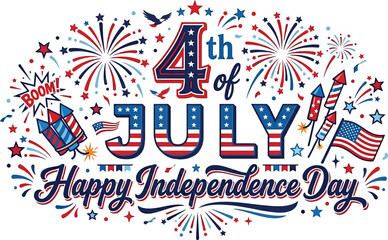 Obraz premium Festive fourth of july typography with fireworks and american flags