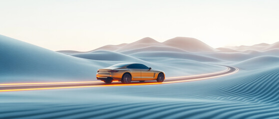 Obraz premium Futuristic golden concept car speeding along a glowing digital highway in an abstract dreamy desert.