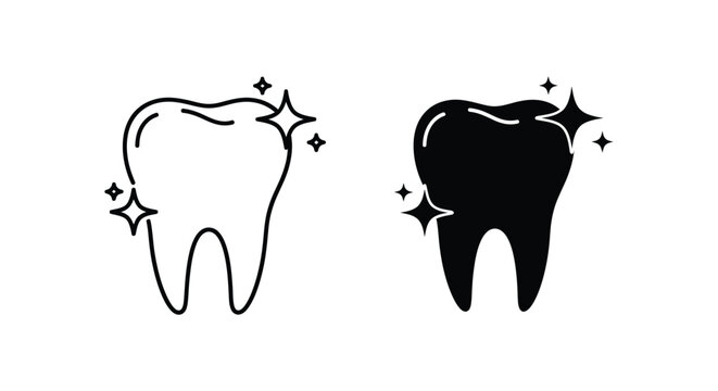 Black and white tooth icon with sparkles