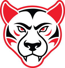 Fototapeta premium Bold fierce cougar head mascot emblem with sharp red outlines and black details perfect for sports team branding