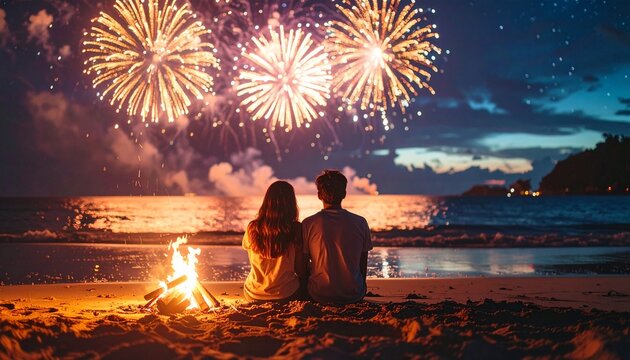 夏の夜空に広がる大輪の花火と砂浜のたき火を眺めるカップルの後ろ姿