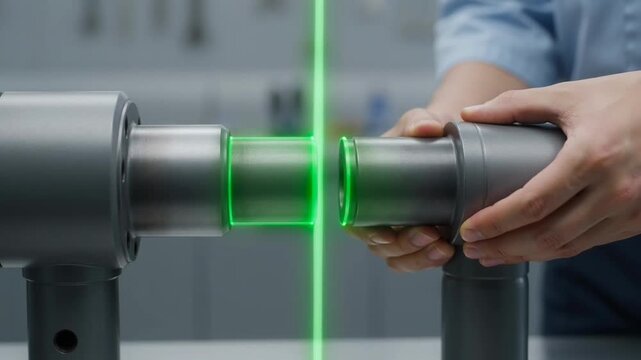 Engineer aligning metal components using precision laser technology in workshop.