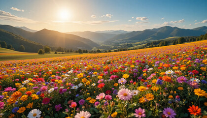 Fototapeta premium Colorful wildflower field stretching toward distant hills under warm sunlight creating a vibrant natural scene