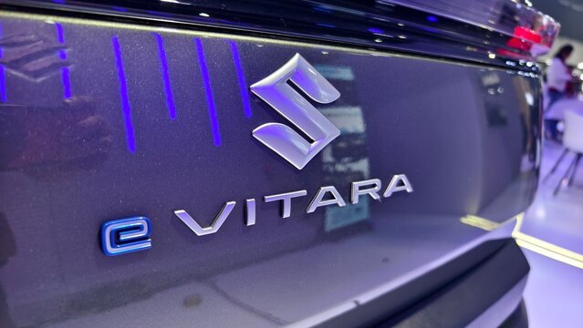 Pasay, Metro Manila, Philippines - June 6, 2026: Closeup of the Suzuki e Vitara badge on the electric SUV displayed at the Philippine International Motor Show.