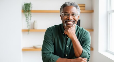 Fototapeta premium Confident Mature Black Businessman with Grey Hair and Glasses Smiling in Modern Bright Office Setting