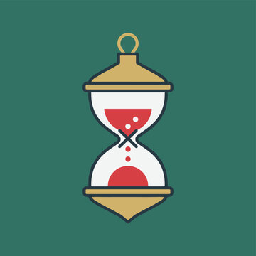Hourglass hanging ornament with red sand and golden frame on deep green background symbol of time passing.