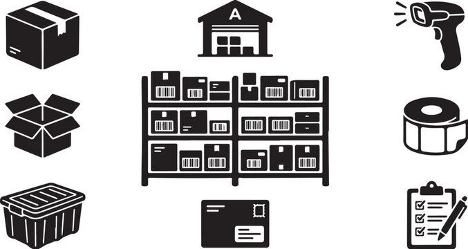 Logistics icons, shipping symbols, packaging signs, delivery graphics
