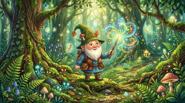 Dwarf wizard casting magic spell with wand in mysterious green forest. Fantasy gnome character exploring woodland background. Magical creature adventure concept for fairytale illustration.