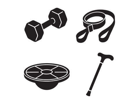 Black and white icons of fitness equipment and a walking aid on a white background