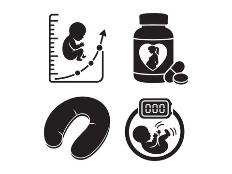 Black and white silhouette icons of pregnancy and baby growth stages and development process