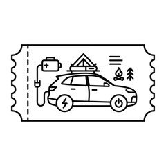 Naklejka premium Electric vehicle camping ticket icon, EV car road trip with roof tent and portable power station, sustainable travel vector