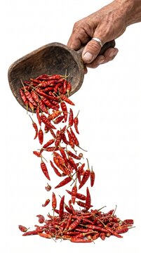 Dried red chili peppers falling from wooden scoop, spicy hot bird's eye chilies pouring from hand, rustic seasoning and organic spice ingredients on white background
