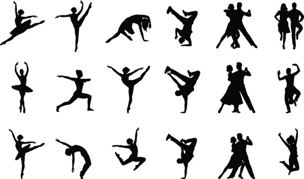 Dance Silhouette Collection Vector Set Featuring Ballet Contemporary Breakdance Partner Dance and Performance Silhouette Collection Vector 