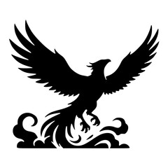 Fototapeta premium Rising firebird phoenix silhouette emerging from flames and smoke