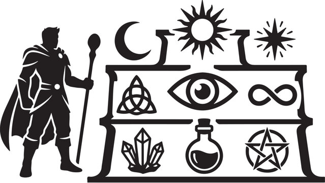 Fantasy wizard, mystical symbols, magic shelf, occult icons, vector