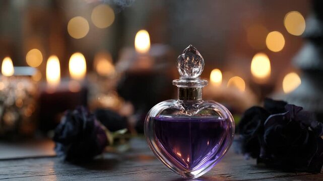 love elixir in a glass bottle in form of heart surrounded by roses and candle lights animation