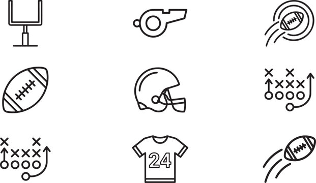 Set of american football icons, including goal post, whistle, ball, helmet, play strategy, and jersey