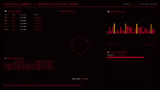 Tactical Command Network Operations Center Live Port Stream Defense Radar Cybersecurity Dashboard Animation.