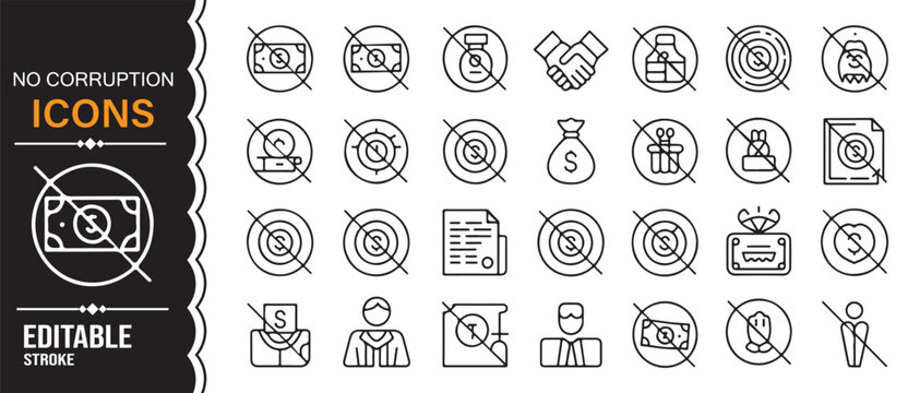 Black and white no corruption symbol collection with honesty compliance and justice icons vector illustration