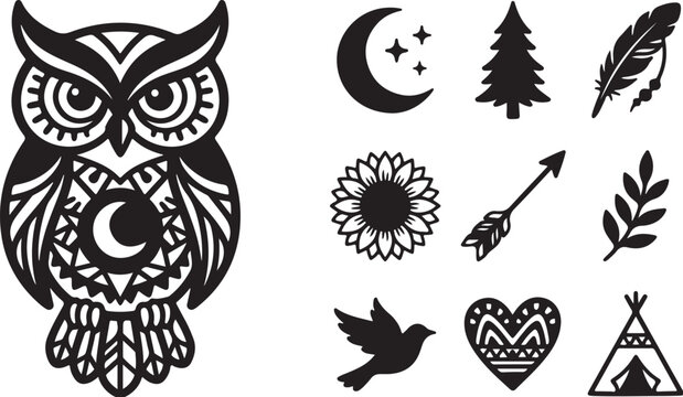 Tribal owl, bohemian icons, 10 symbol set, black vector illustrations