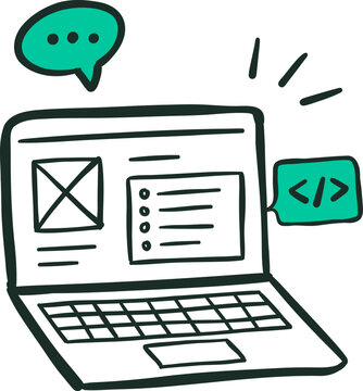 Hand-drawn illustration of a laptop displaying a webpage with coding elements