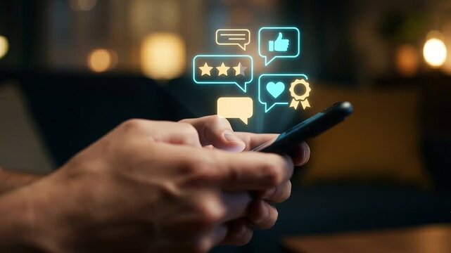 Social Media Feedback and Customer Rating Concept: Floating Holographic Chat Bubbles with Star Icons, Thumbs-up, and Heart Badges above Blurred Smartphone