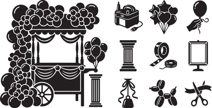 Party decoration icons, black vector set, 10 graphics
