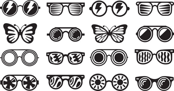 Collection of various eyeglasses and butterfly silhouettes in black on white background