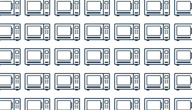 Seamless pattern of modern microwave ovens outline icons on a clean white background for kitchen appliance design.