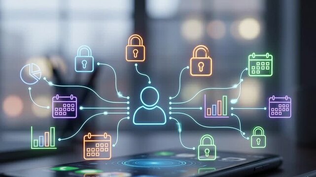 AI Business Integration and Automation Concept: Floating Holographic AI Bot Silhouette Linked to Financial Charts, Calendar, and Padlock Icons above Blurred Smartphone