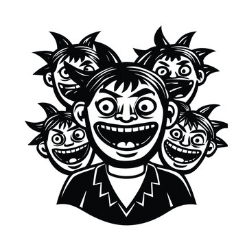 Crazy Maniacal Cartoon Character Spiky Hair Black and White Illustration