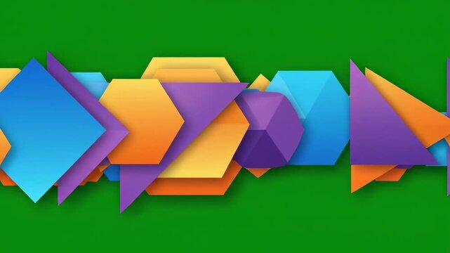 Colorful geometric arrows advancing in sequence across a vibrant green background with subtle cinematic motion