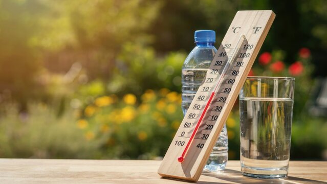 Wooden thermometer showing high temperature with water bottle and glass of water on table outdoors