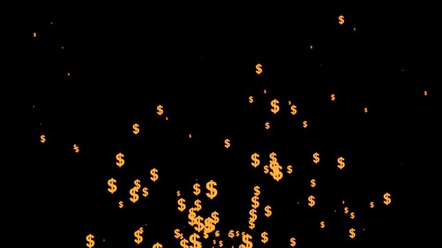 Falling golden dollar signs rain animation, currency symbols bursting seamless loop, finance and wealth accumulation graphic elements on black background 4k video.