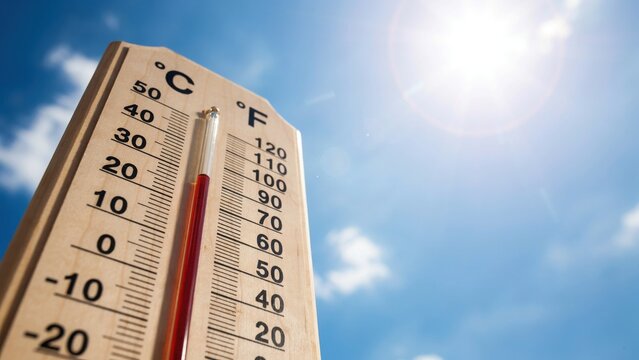Close up of a wooden thermometer showing high temperatures against a bright blue summer sky with sun glare