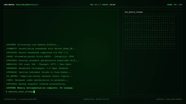 Data Flow Analytics Core Module Hex Matrix Stream Cloud Pipeline Neural Network Terminal Animation Cybersecurity.