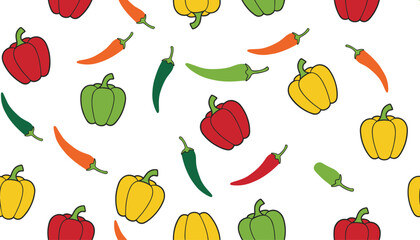 Fototapeta premium Colorful seamless pattern of bell and chili peppers of various shapes and colors on a clean white background.