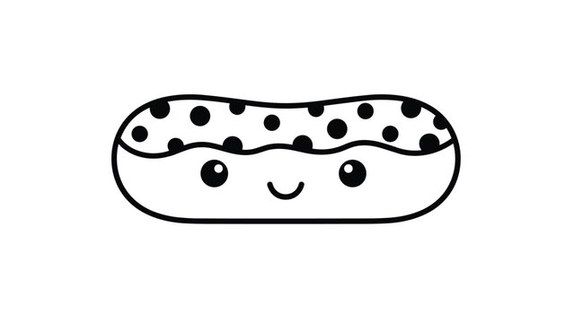 Cute cartoon style eclair pastry with chocolate glaze and sprinkles showing a happy smiling face in black and white.