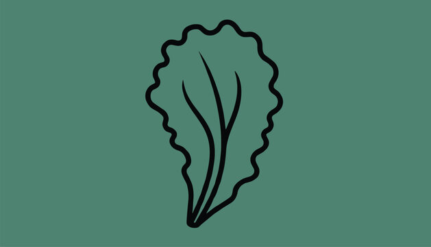 Minimalist black line art illustration of a fresh healthy lettuce leaf isolated on a solid muted green background.